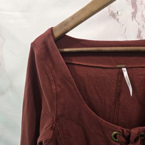 Free People Shirt Womens Large Red Brick Rust Long Ribbed Lace Up Tie Grommet - Picture 2 of 11